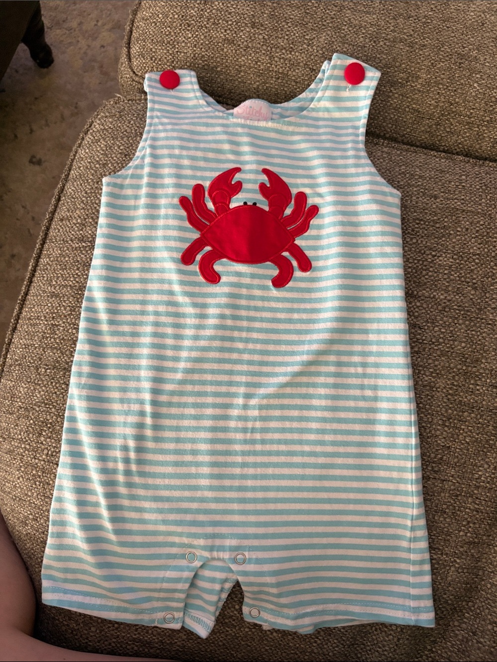 Aqua Stripe Romper with Red Crab Applique - Kids